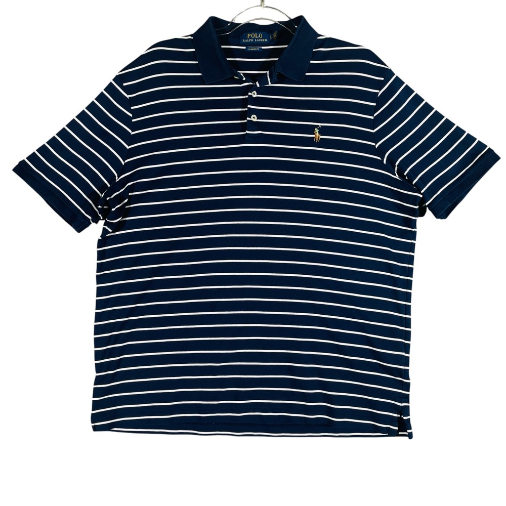Polo Ralph Lauren Men's Classic Fit Striped Polo Large Navy Pique Mesh Cotton